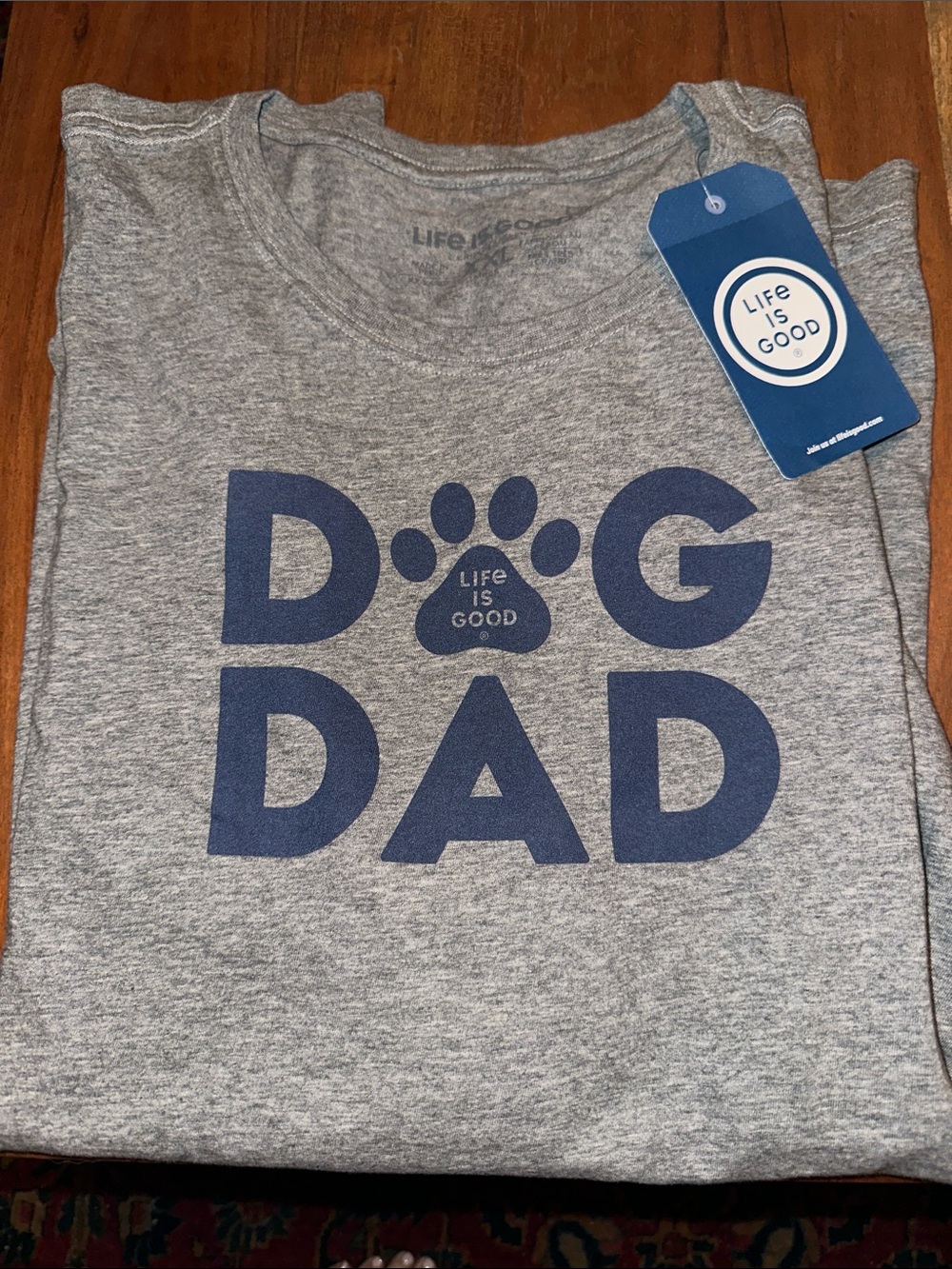 Life Is Good Gray T‑Shirt with Navy "DOG DAD" Paw Graphic